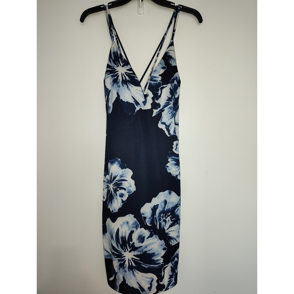 Windsor Navy Ivory Floral Bodycon Dress V-Neck Strappy Back CD22366 NWT Large